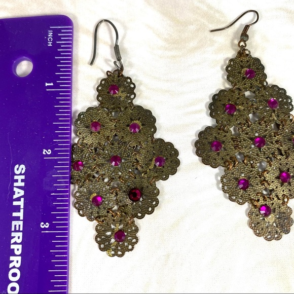 HP🌸 Linked bronze lacey articulate dangle Earrings fuchsia rhinestones - Picture 3 of 3